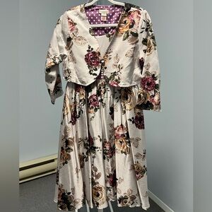 Monsoon Floral Dress with Mauve Polka-Dot Waistband and Matching Outerwear 2pc